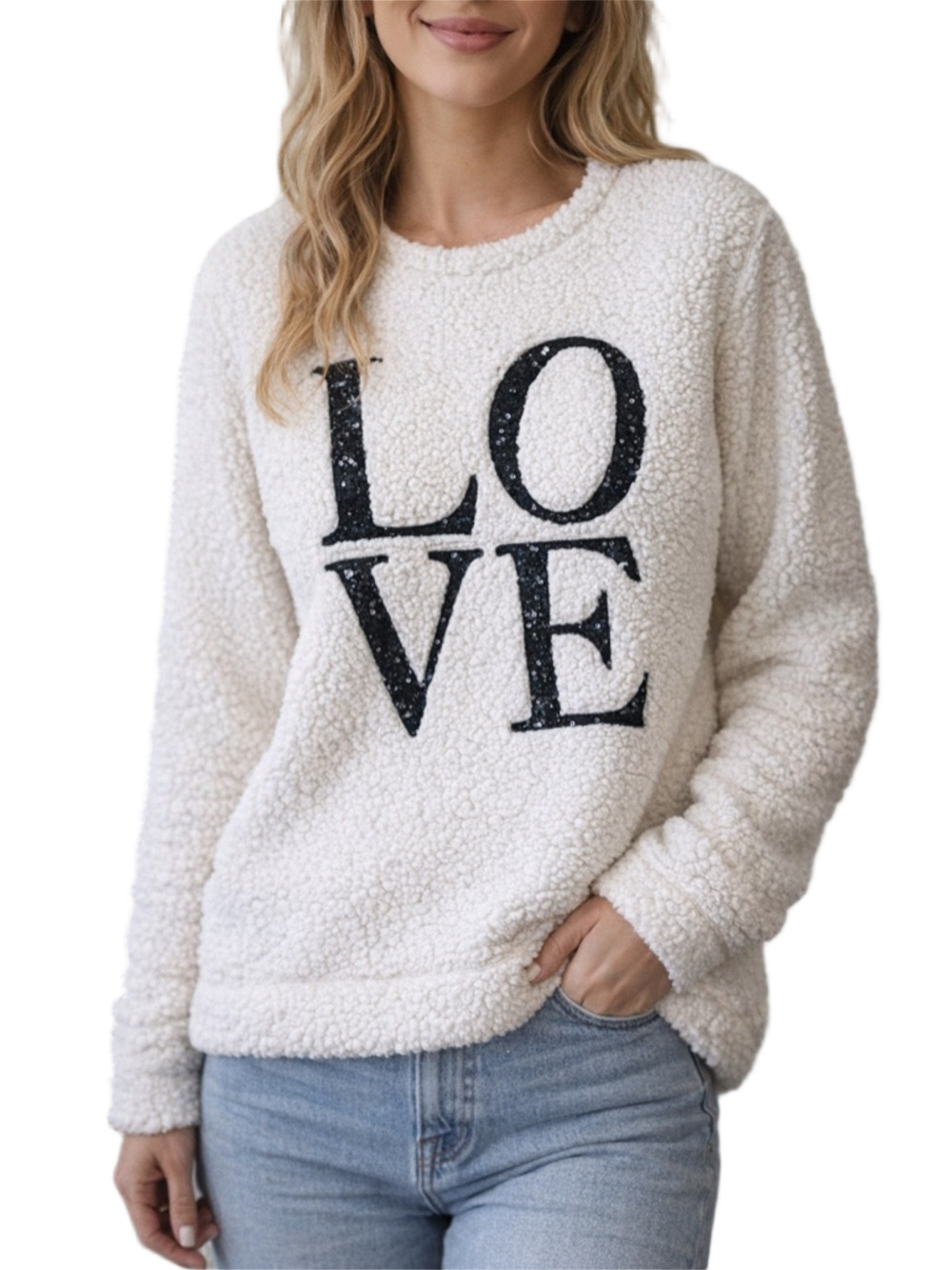 VENUS Cream Sherpa love Sweater